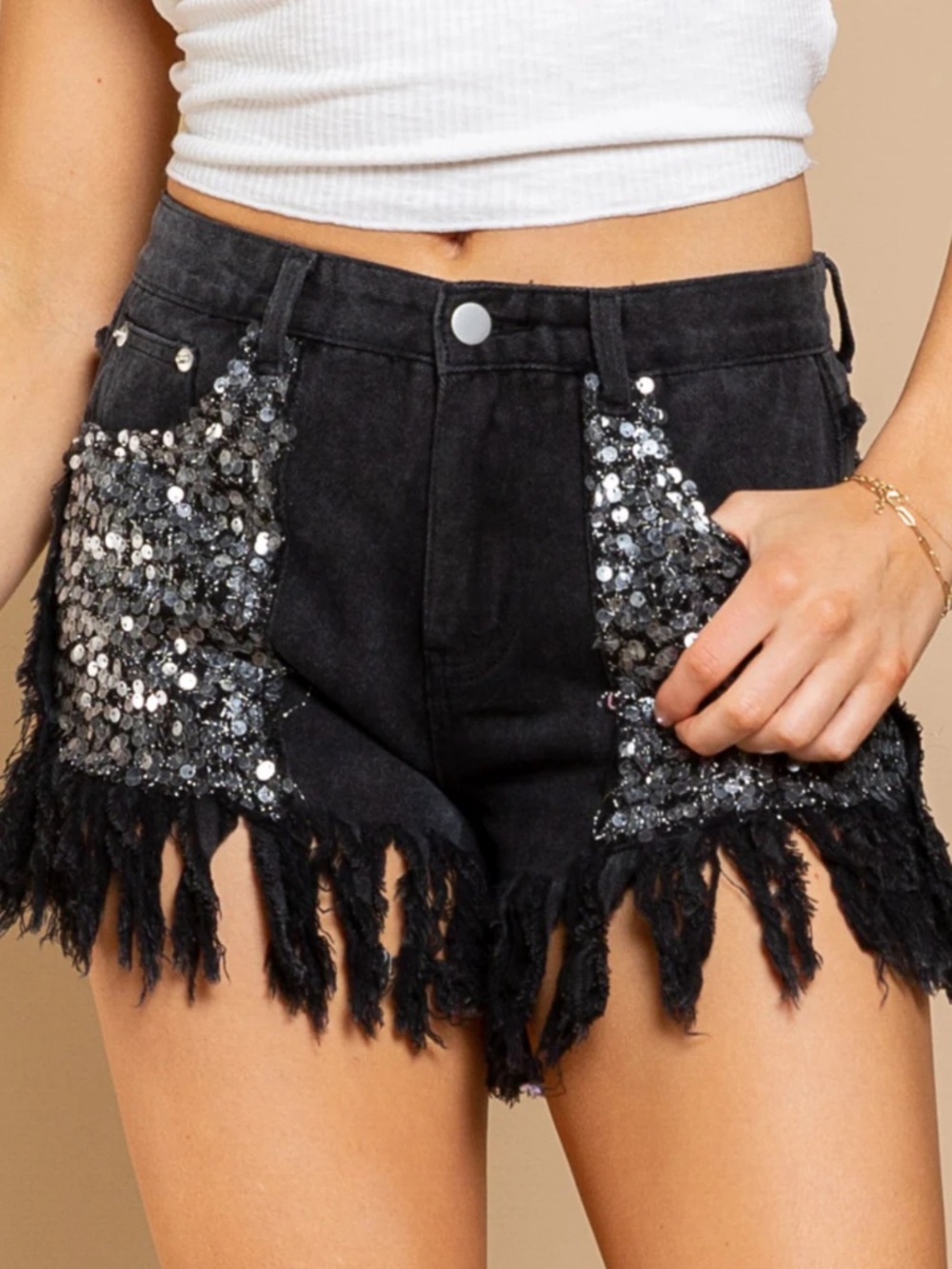 Pol Onyx Disco Shorts Black Sequin Pocket Frayed Denim Shorts Size Small
